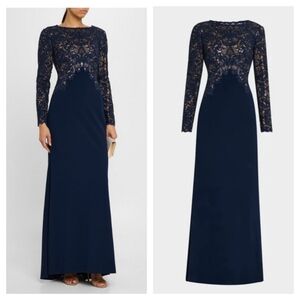 Tadashi Shoji A-Line Crepe & Sequin Lace Gown Navy Size 8